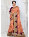 Light Orange Party Wear Heavy Embroidered Soft Art Silk Sari