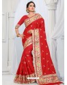 Red Party Wear Heavy Embroidered Soft Art Silk Sari