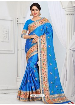 Blue Party Wear Heavy Embroidered Soft Art Silk Sari