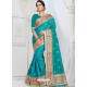 Turquoise Party Wear Heavy Embroidered Soft Art Silk Sari