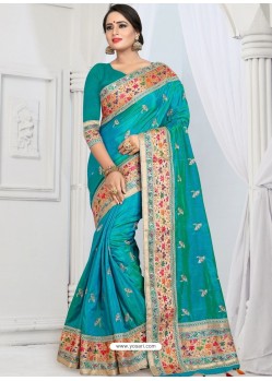 Turquoise Party Wear Heavy Embroidered Soft Art Silk Sari