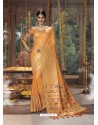 Orange Designer Blended Cotton Jacquard Banarasi Silk Party Wear Sari