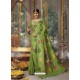 Parrot Green Designer Blended Cotton Jacquard Banarasi Silk Party Wear Sari