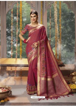 Rose Red Designer Blended Cotton Jacquard Banarasi Silk Party Wear Sari