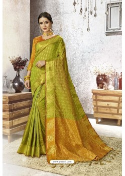 Parrot Green Traditional Party Wear Embroidered Kanjeevaram Art Silk Sari