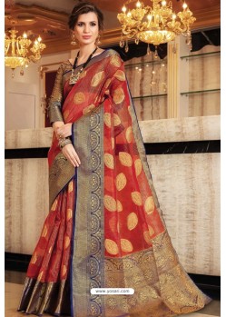 Red Designer Party Wear Handloom Art Silk Sari