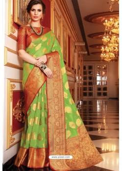 Green Designer Party Wear Handloom Art Silk Sari