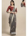 Grey Party Wear Poly Silk Embroidered Sari