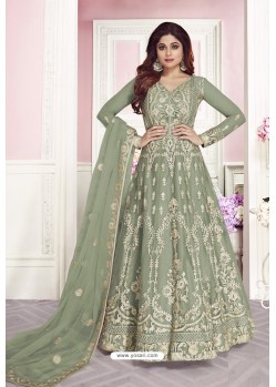 Grayish Green Latest Pure Dola Silk Embroidered Designer Anarkali Suit