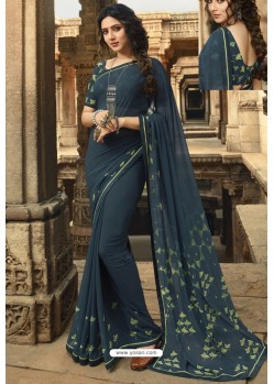 Teal Blue Casual Wear Designer Georgette Sari