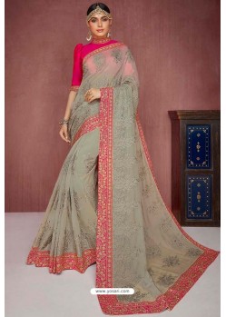 Light Grey Party Wear Heavy Embroidered Sari