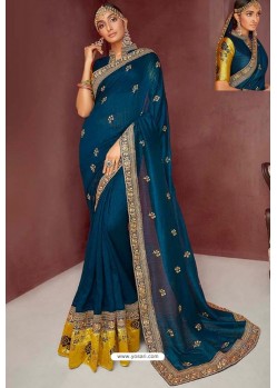 Teal Blue Party Wear Heavy Embroidered Sari