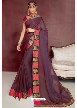 Deep Wine Party Wear Heavy Embroidered Sari