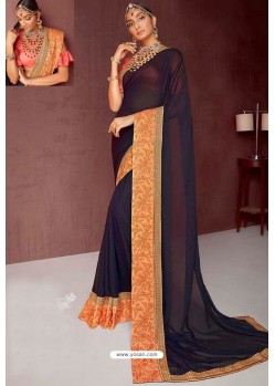 Navy Blue Party Wear Heavy Embroidered Sari