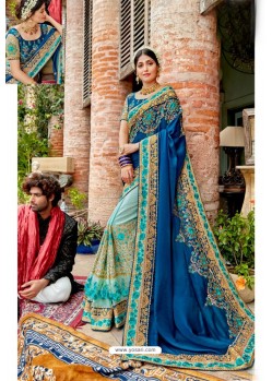 Dark Blue Heavy Embroidered Designer Pure Georgette Sari