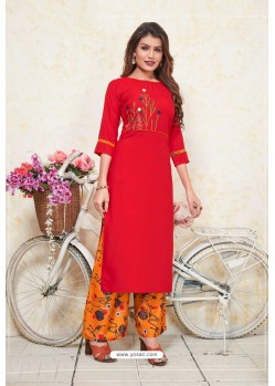 Red Heavy Party Wear Rayon Readymade Kurti With Palazzo