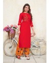 Red Heavy Party Wear Rayon Readymade Kurti With Palazzo