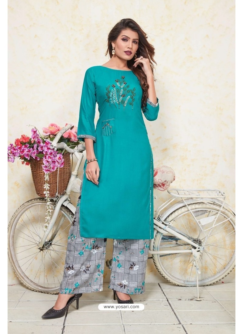 Buy Turquoise Heavy Party Wear Rayon Readymade Kurti With Palazzo ...