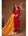 Red Embroidered Pure Cotton Jaam Silk Churidar Salwar Suit