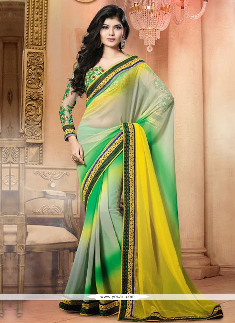 Green And Yellow Shaded Chiffon Designer Saree