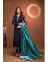 Navy Blue Embroidered Pure Cotton Jaam Silk Churidar Salwar Suit