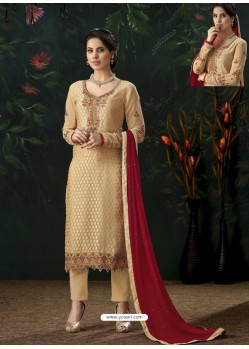 Cream Designer Party Wear Pure Viscose Brasso Straight Salwar Suit