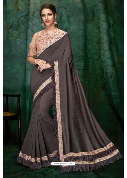 Dull Grey Party Wear Designer Embroidered Sari