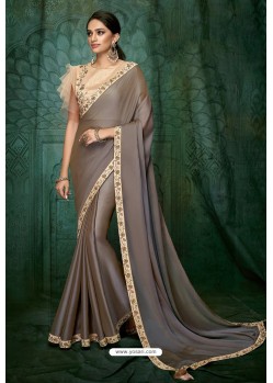 Light Brown Party Wear Designer Embroidered Sari