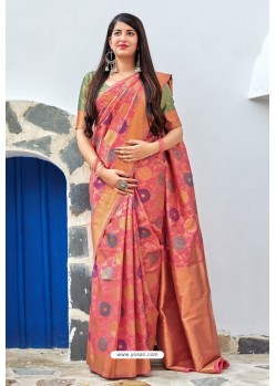 Peach Traditional Party Wear Designer Banarasi Silk Sari