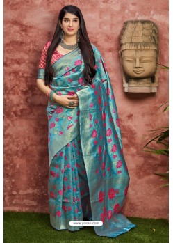 Blue Traditional Party Wear Designer Banarasi Silk Sari