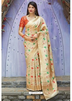 Cream Traditional Party Wear Designer Banarasi Silk Sari