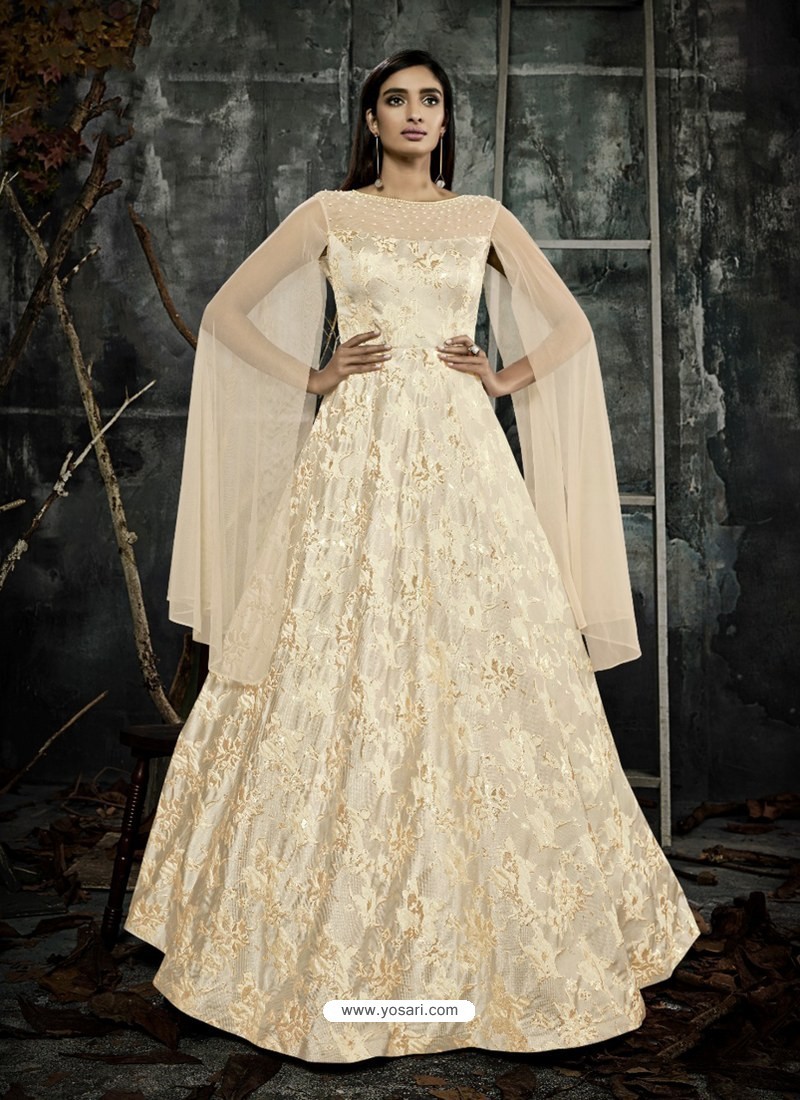Gota Work Chanderi Silk Gown in Off White  TGM219