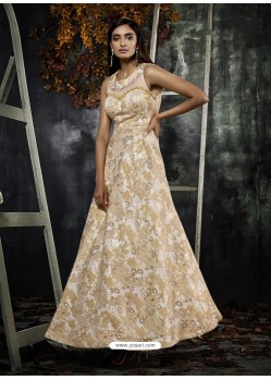Light Beige Designer Printed Readymade Party Wear Gown For Girls