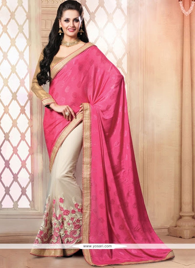Pink And Cream Pure Chiffon Designer Saree
