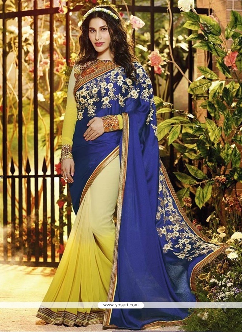Blue And Yellow Satin Jacquard Designer Saree