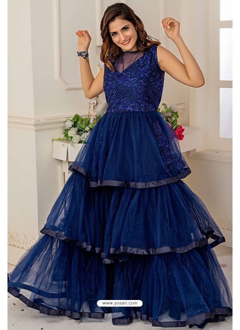Buy Navy Blue Soft Net Designer Party Wear Gown | Gowns
