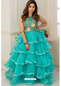 Turquoise Soft Net Designer Party Wear Gown