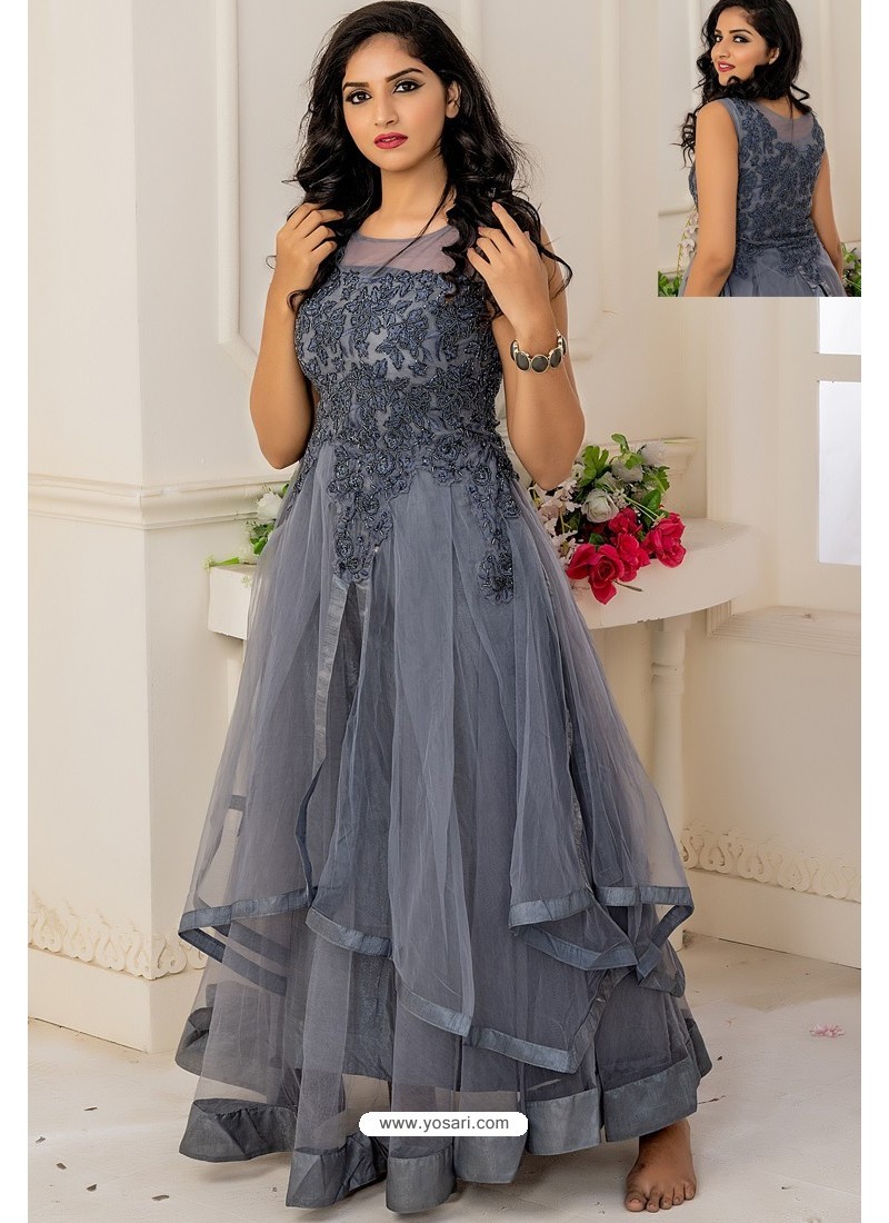 Buy Grey Soft Net Designer Party Wear Gown | Gowns