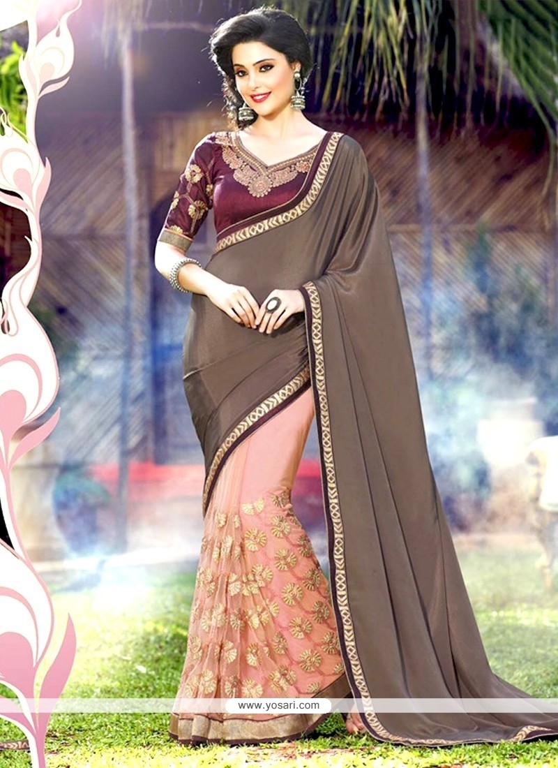 Enthralling Grey And Pink Patch Border Work Faux Chiffon Half N Half Saree