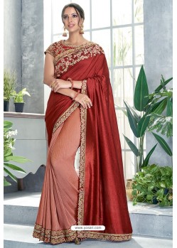 Light Red Embroidered Designer Party Wear Sari