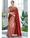 Light Red Embroidered Designer Party Wear Sari