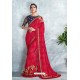 Red Embroidered Designer Party Wear Sari