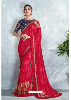 Red Embroidered Designer Party Wear Sari