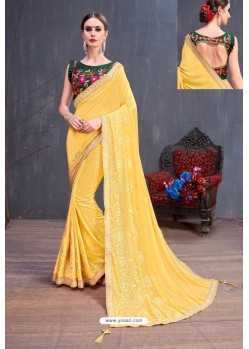 Yellow Soft Silk Embroidered Designer saree