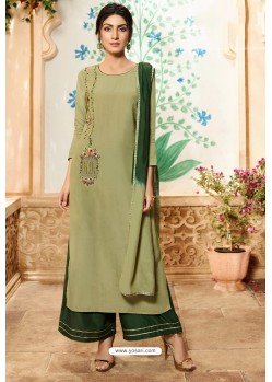Olive Green Viscose Rayon Embroidered Palazzo Suit