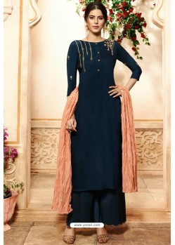 Navy Blue Viscose Rayon Embroidered Palazzo Suit