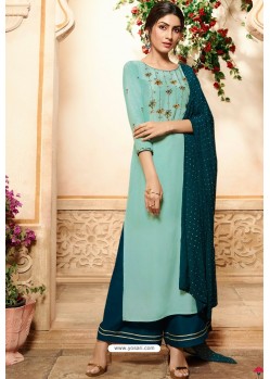 Sky Blue Viscose Rayon Embroidered Palazzo Suit