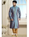 Teal Blue Readymade Dhupion Silk Kurta Pajama For Men