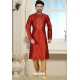 Red Readymade Dhupion Silk Kurta Pajama For Men