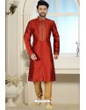 Red Readymade Dhupion Silk Kurta Pajama For Men